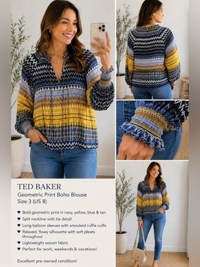 Ted Baker Geometric Print Boho Blouse Size 3 US 8 Navy Yellow Long Sleeve Top